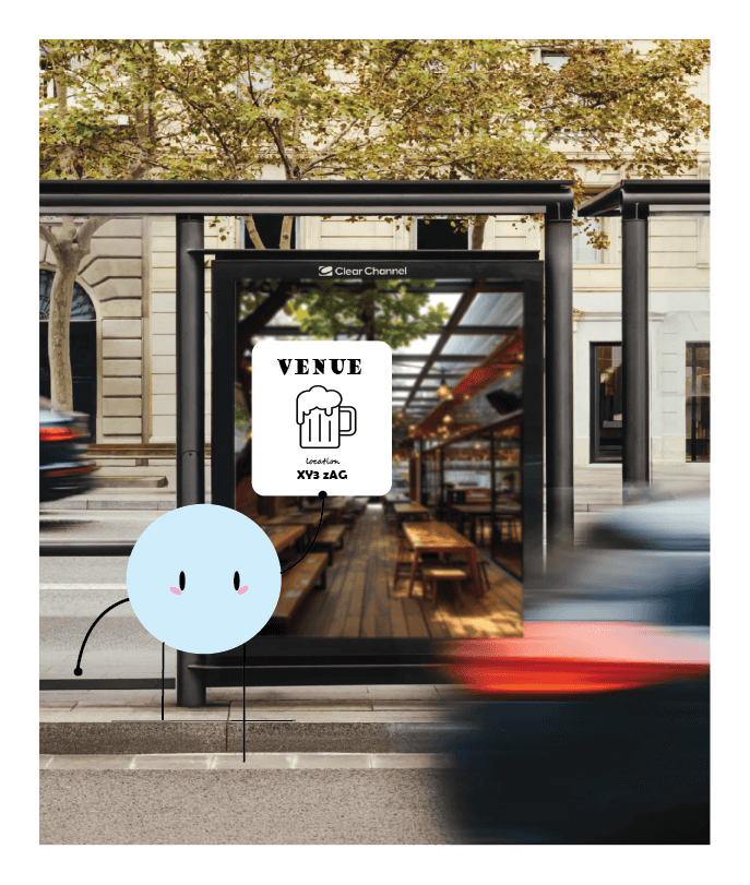 A Nuclii venue displayed at a city bus stop with a warmly lit restaurant behind it